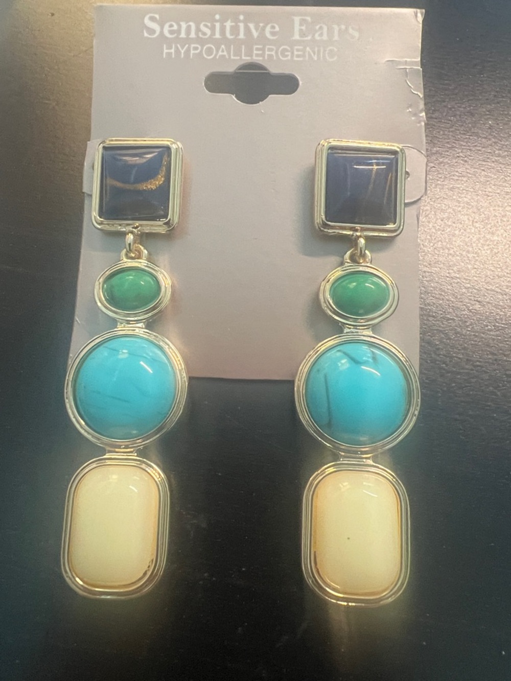 Gold-Tone Drop Earrings with Green,Turquoise and Cream Stones